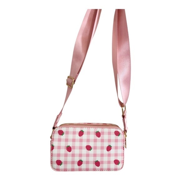 Pink plaid checkered strawberry print gold tone hardware crossbody canvas bag - Picture 11 of 13